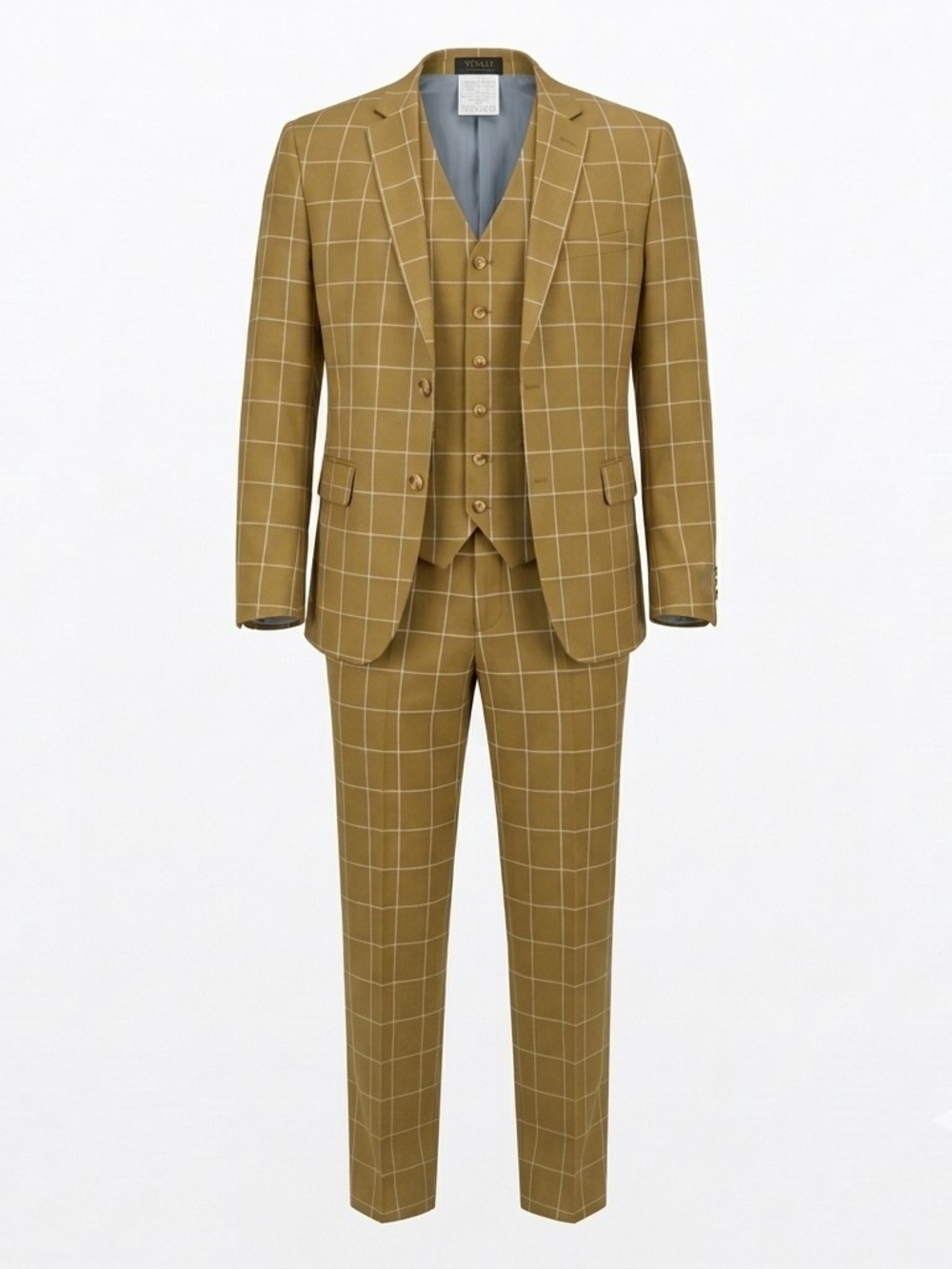 Vitali Dijon Mustard Windowpane Plaid 3-Piece Suit R50 W45 Blazer Vest Pant